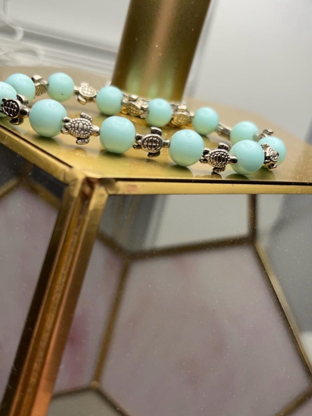 Mint/Light Blue Beaded Bracelet with Silver Turtle Accents